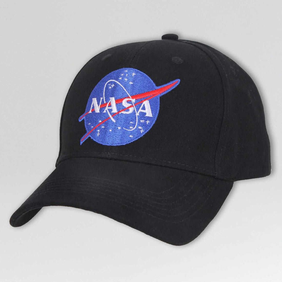 Black baseball cap with NASA blue meatball logo on the front