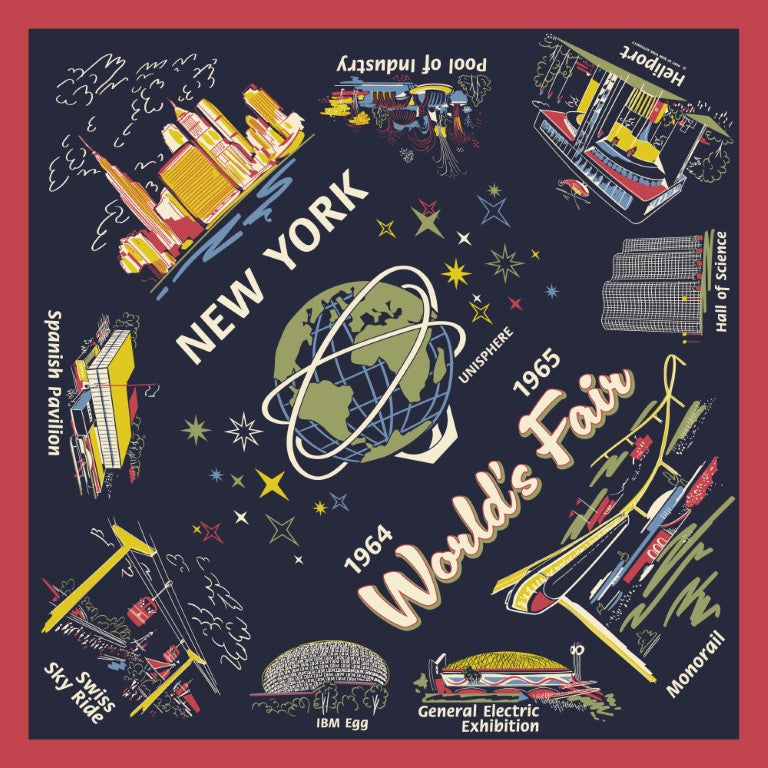 Dark blue worlds fair design for the scarves with red order and images of buildings from the World&