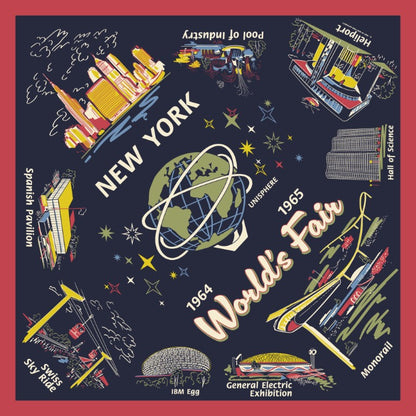 Dark blue worlds fair design for the scarves with red order and images of buildings from the World&