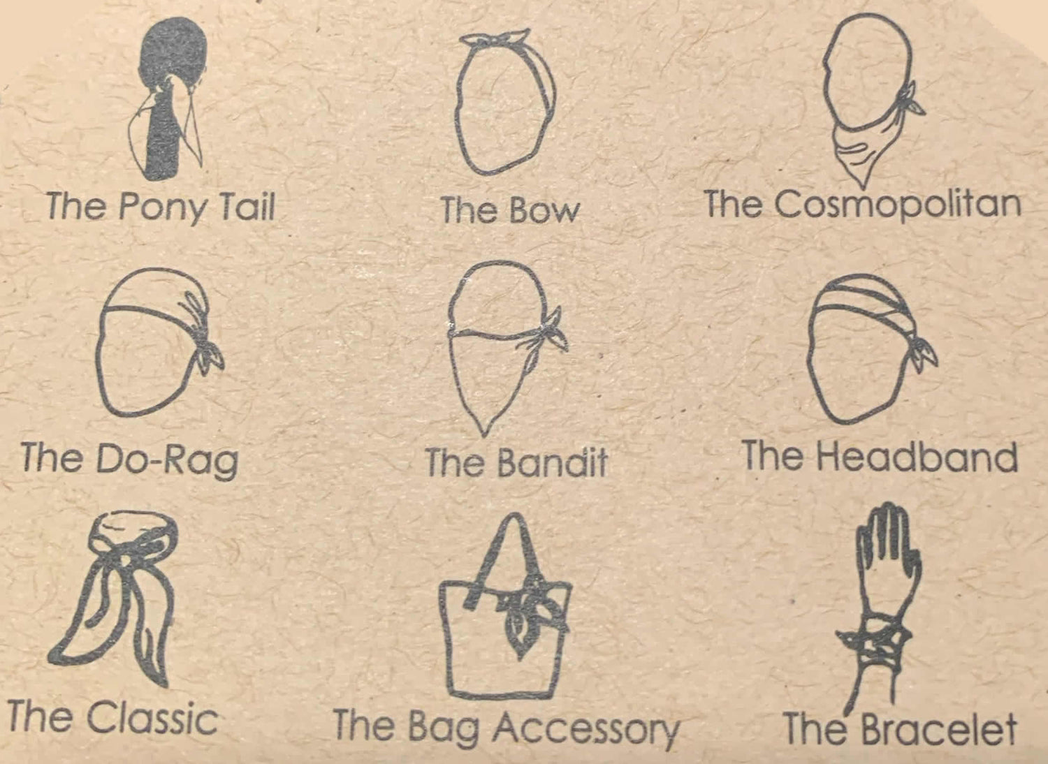 Diagram showing 9 different ways you can tie and use a head-scarf