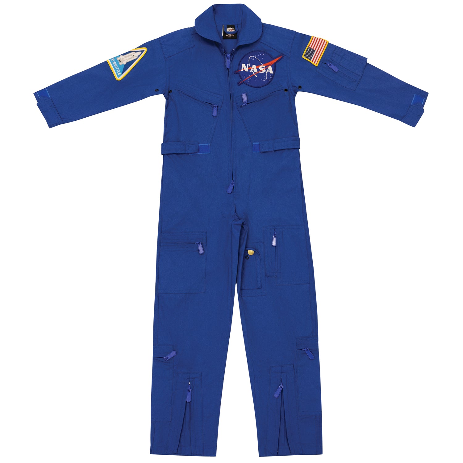 Front of blue NASA Jumpsuit showing the NASA patches