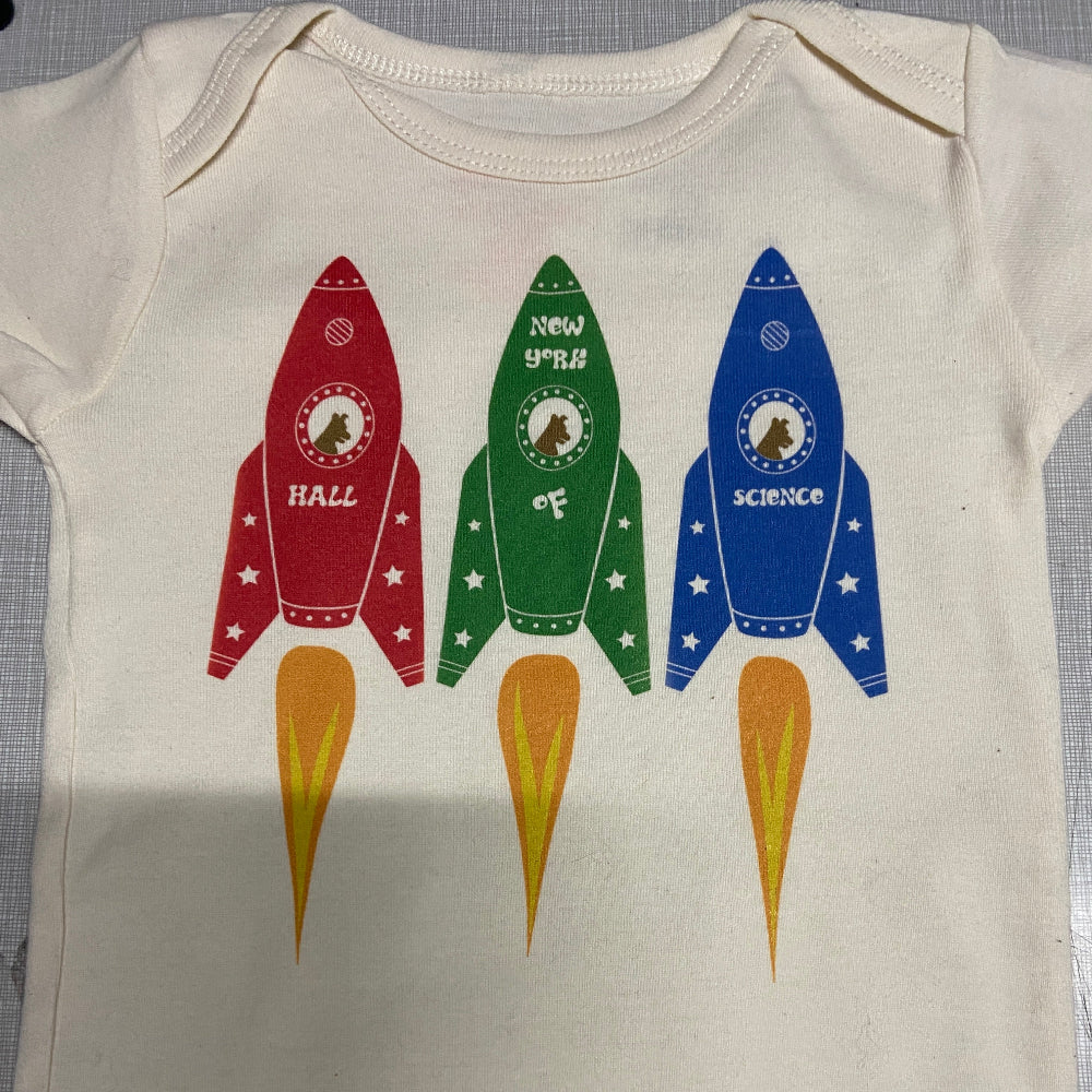 Onesie with design of three vintage rockets in Red, Blue and Green