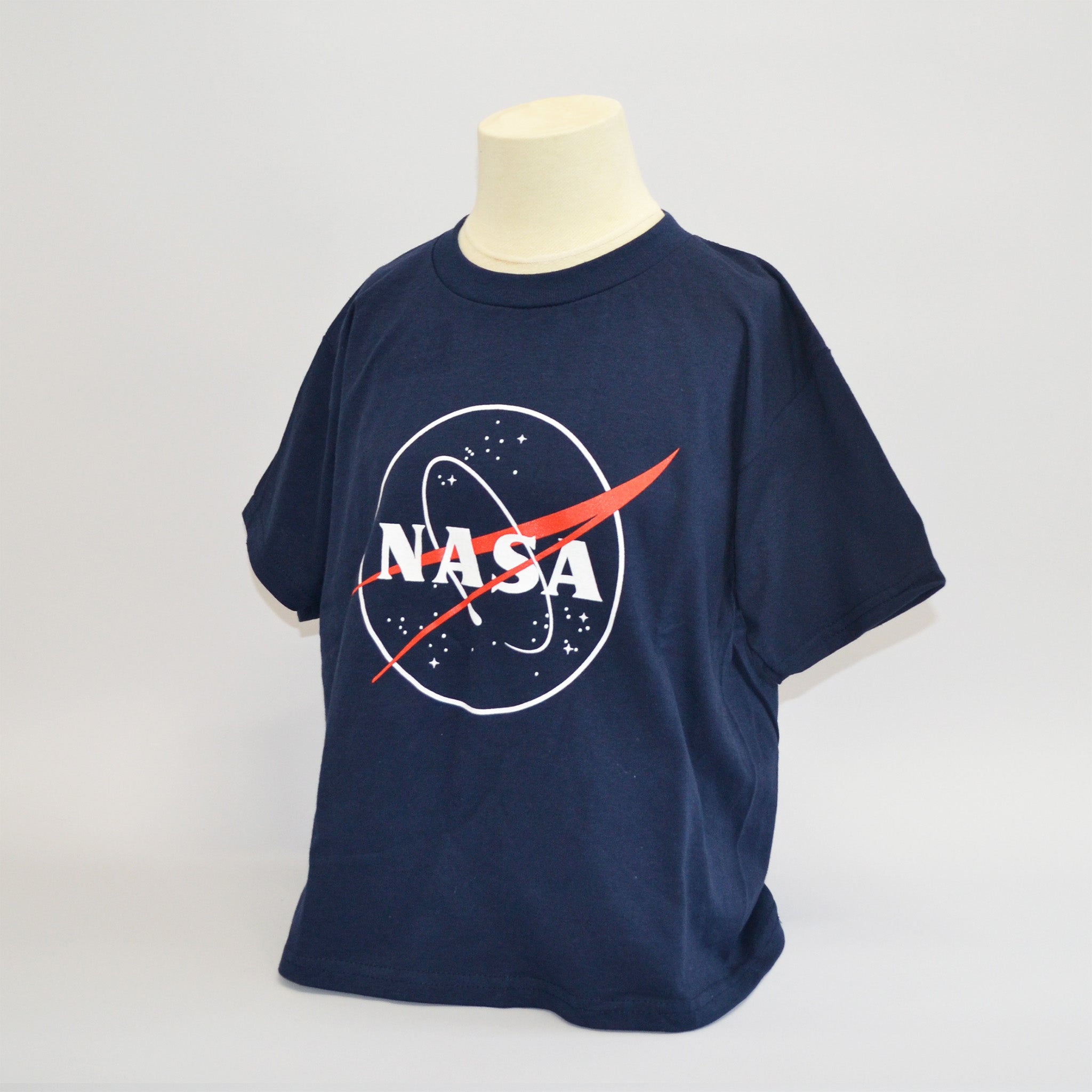 Navy blue, round neck t-shirt with the NASA meatball logo. slight left facing view