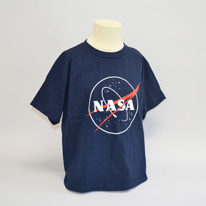 Navy blue, round neck t-shirt with the NASA meatball logo. facing slightly to the right