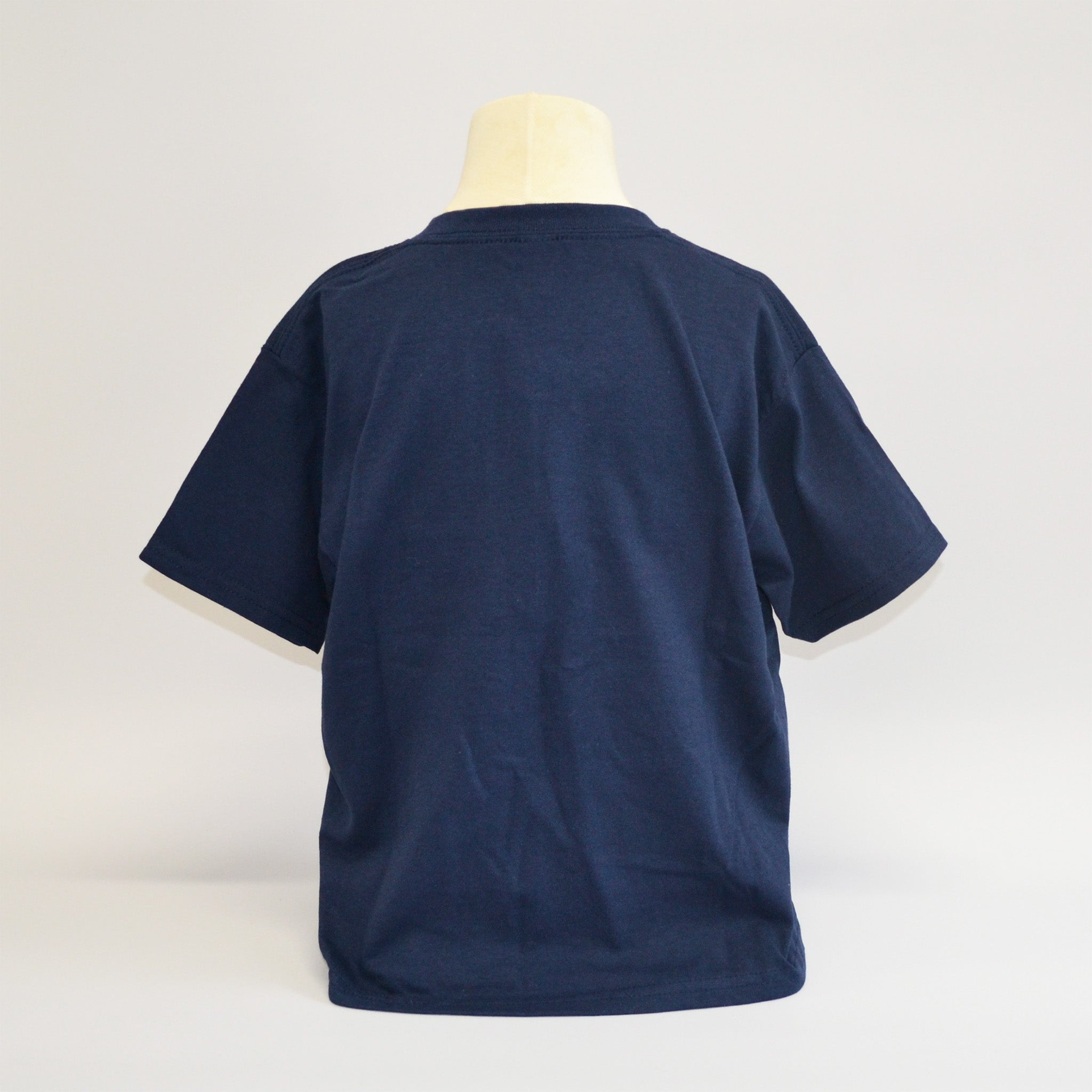 Plain navy blue shirt facing away from the screen