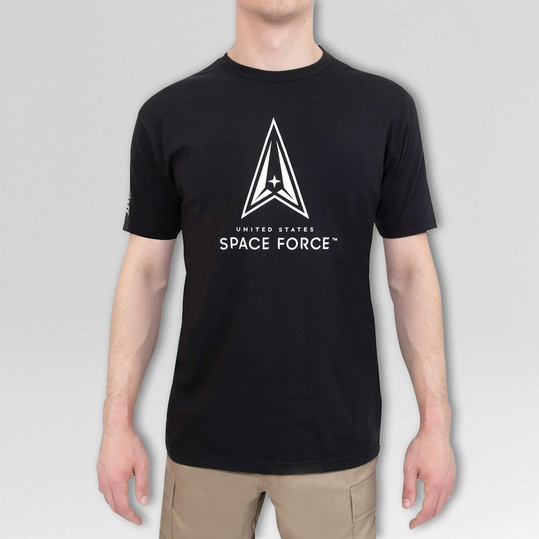 Black Space Force t-shirt on a mannequin with the Space Force logo on front