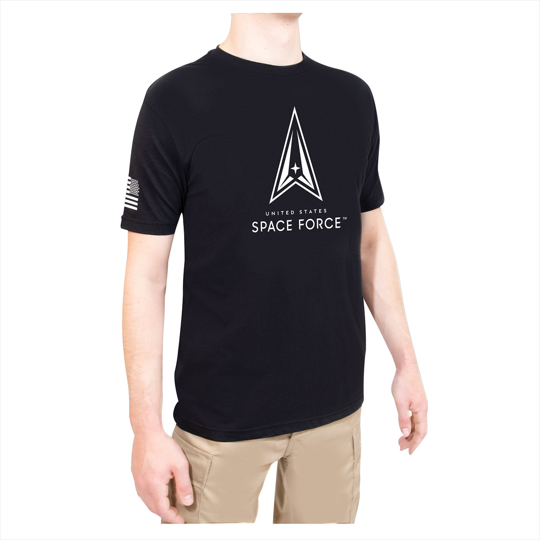 Black t-shirt on a mannequin man with the Space Force logo on the front