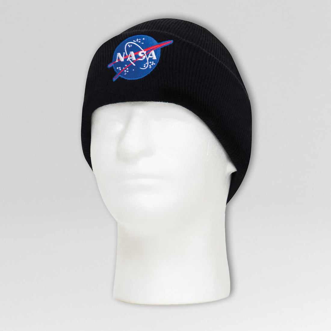 Black skull cap with blue NASA meatball logo displayed on a mannequin head