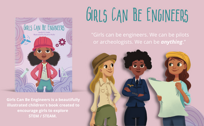 Girls can Be Engineers book advertisement with illustrations