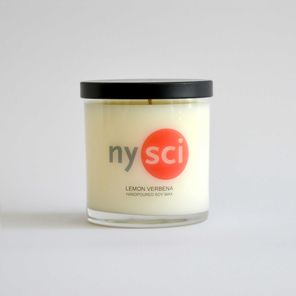 Candle jar with the nysci logo and the scent name on it of Lemon Verbena