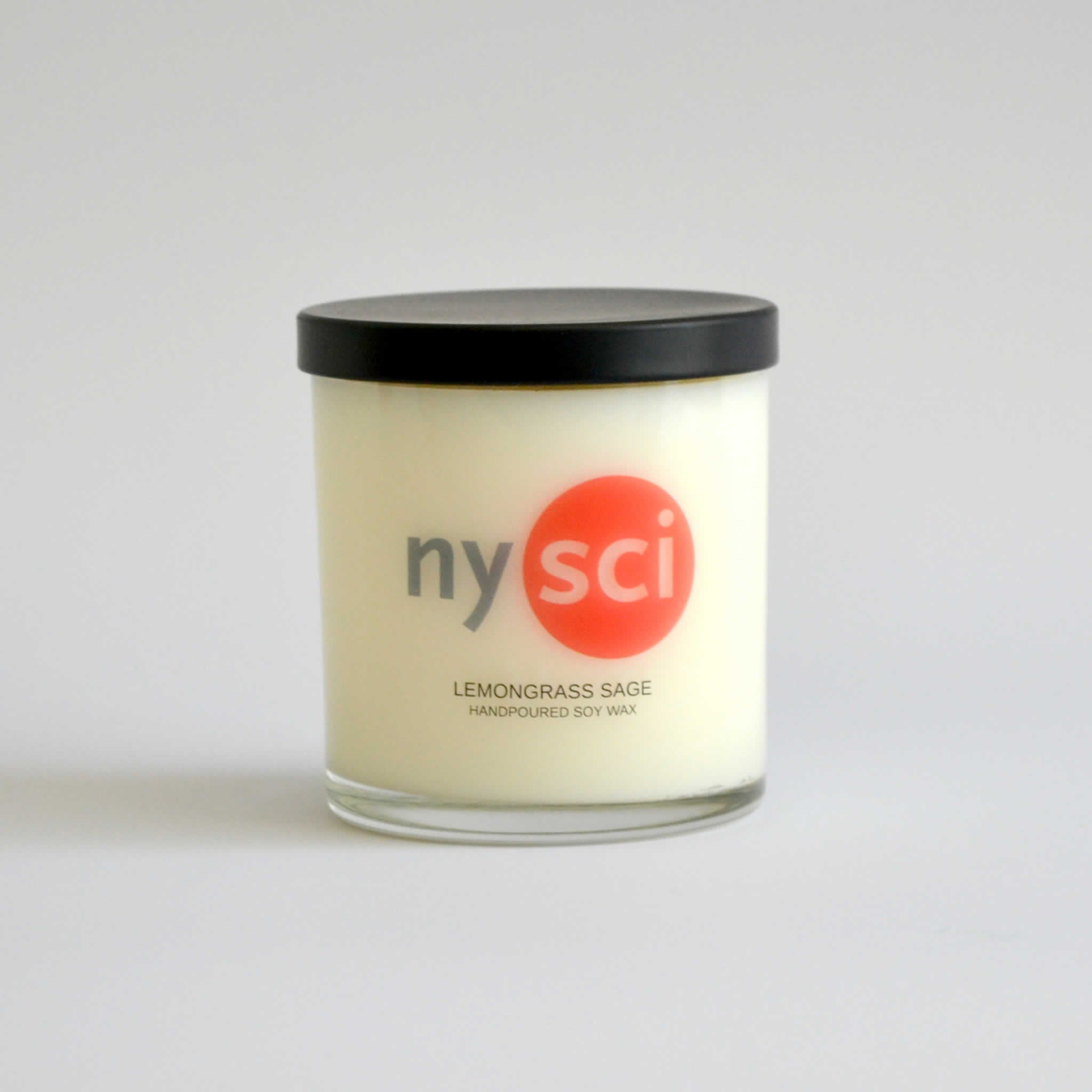 Candle jar with the nysci logo and the scent name on it of Lemongrass Sage