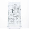 Clear tall drinking glass with math equations on it on white background