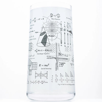 Clear tall drinking glass with math equations on it on white background