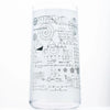 Clear tall drinking glass with math equations on it on white background