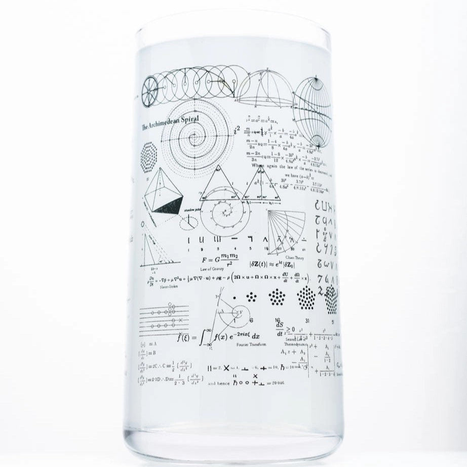 Clear tall drinking glass with math equations on it on white background