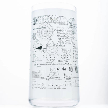 Clear tall drinking glass with math equations on it on white background