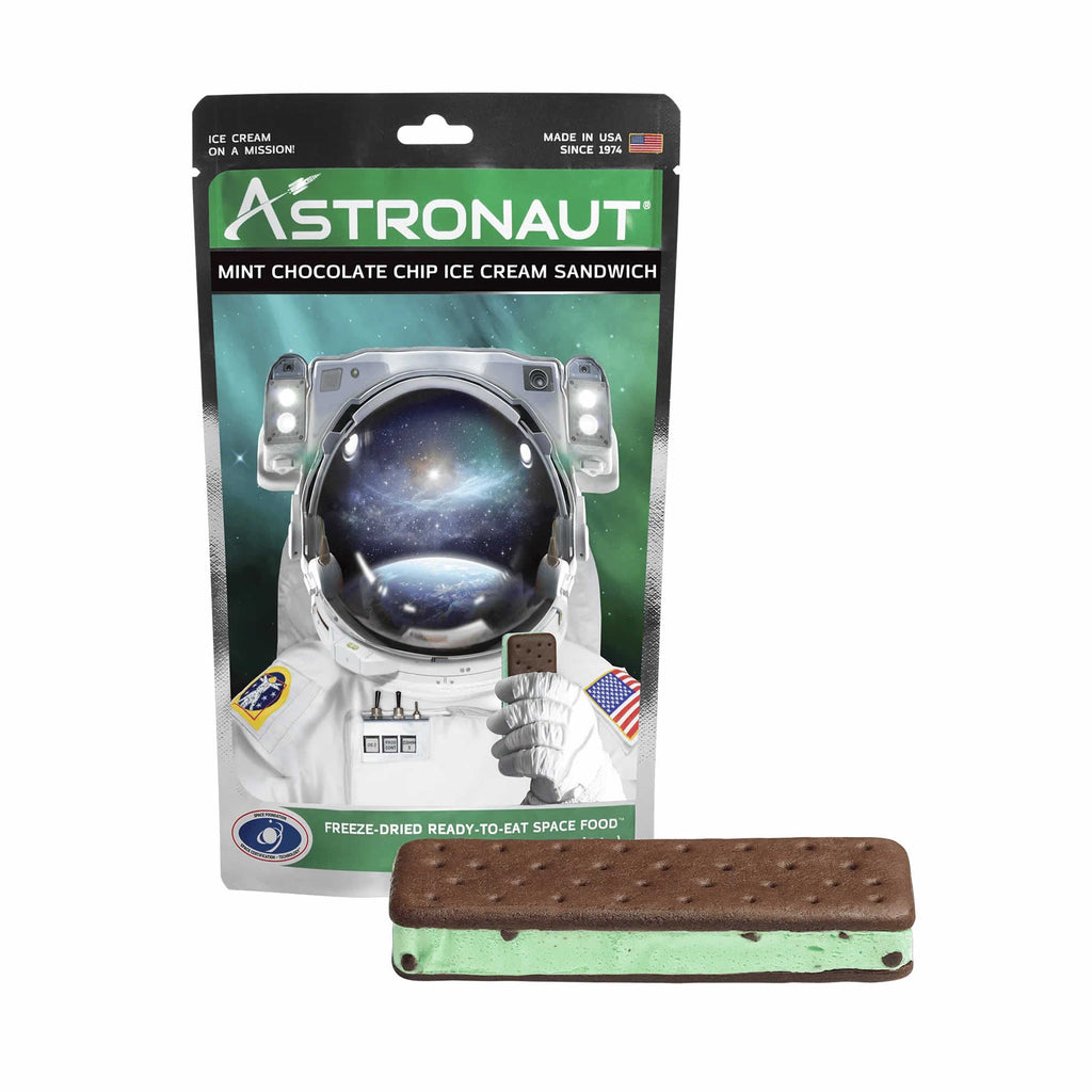 Astronaut Ice Cream packaging with a Mint Chocolate Chip Ice Cream bar in front