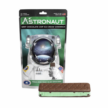 Astronaut Ice Cream packaging with a Mint Chocolate Chip Ice Cream bar in front