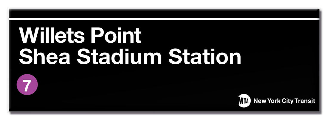 Magnet that looks like a black and white Subway sign with the words - Willets Point, Shea Stadium Station. Showing logos for Subway Lines: 7