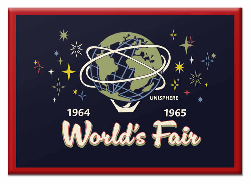 Dark blue magnet showing the unisphere globe with the words 1964, 1965 World&