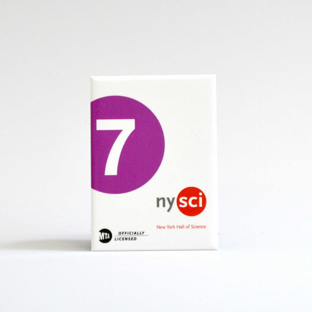 Refrigerator magnet showing the 7 train logo in purple and smaller nysci logo and MTA logo