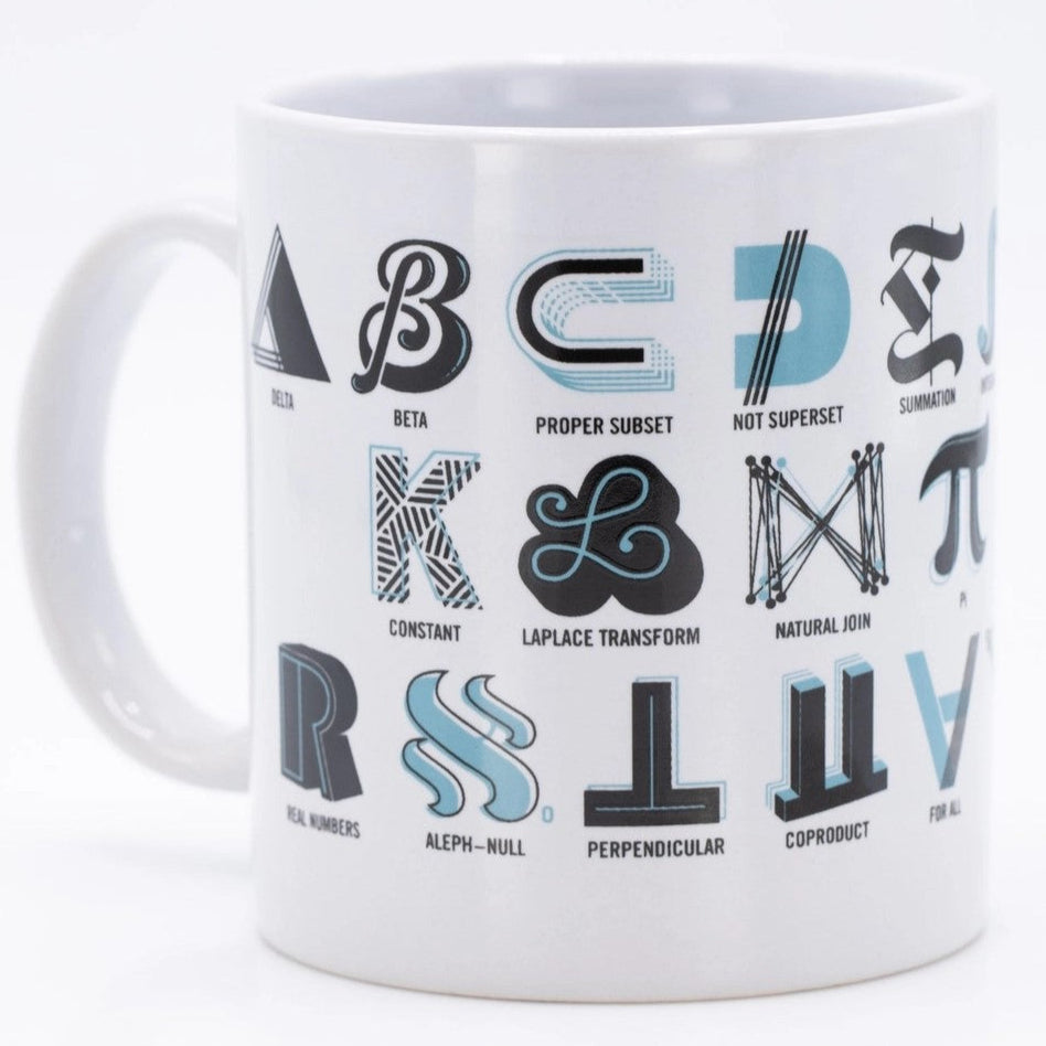 White mug with Mathematical Characters in blue and grey on it 