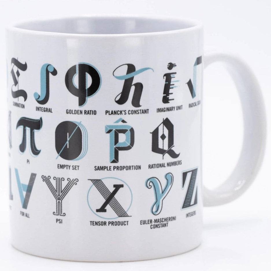 White mug with Mathematical Characters in blue and grey on it - back view