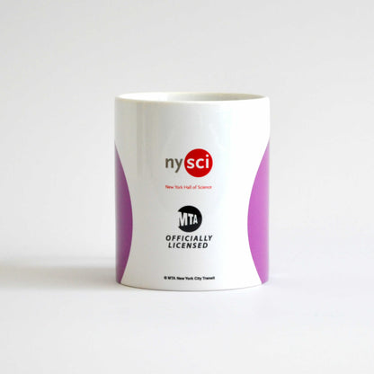 Side view of the 7 train mug showing the nysci and MTA logos