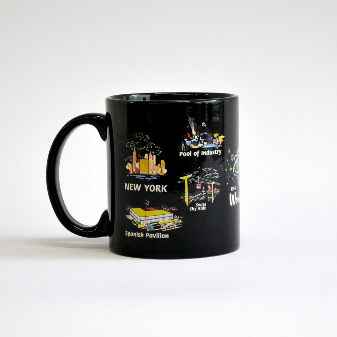 Black mug with images of the buildings of the 1964 world&