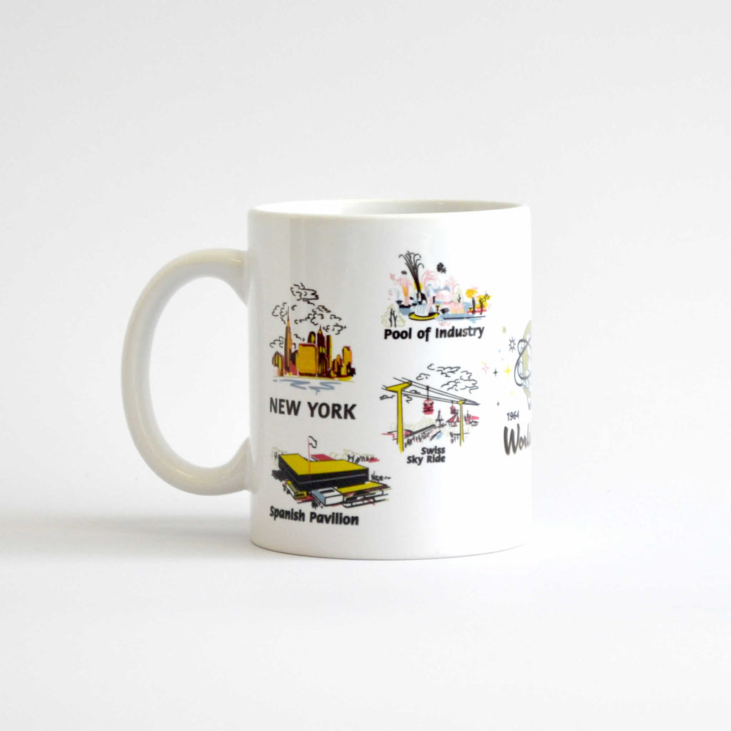 White mug with images of buildings from the 1964 World's Fair