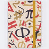 Colorful cover of notebook with math symbols in red, gold and black on a beige background