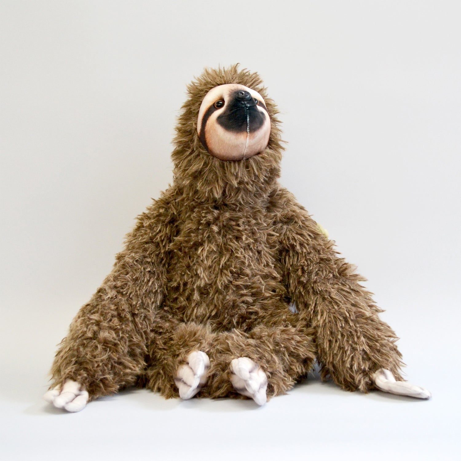 Fluffy sloth plush with long arms, sitting down and looking up on the right hand side