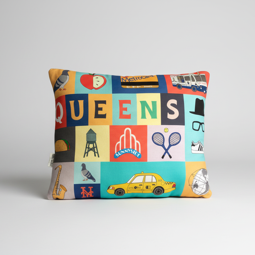 decorative pillow of Queens themed images in a collage