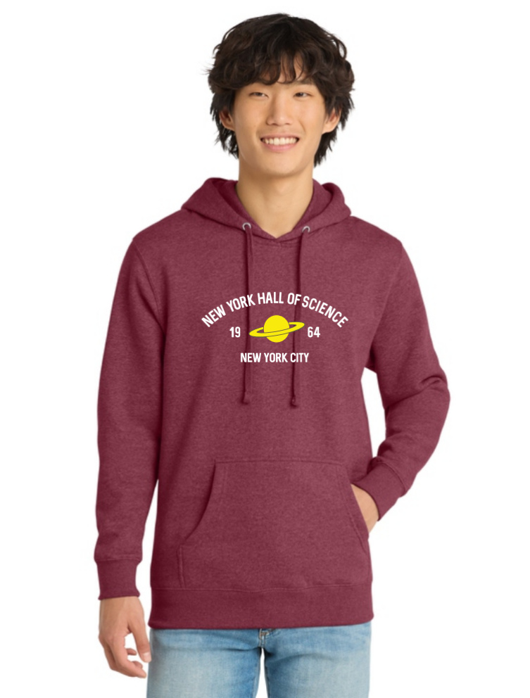 Man wearing Heathered red hoodie that says New York Hall of Science 1964, New York City
