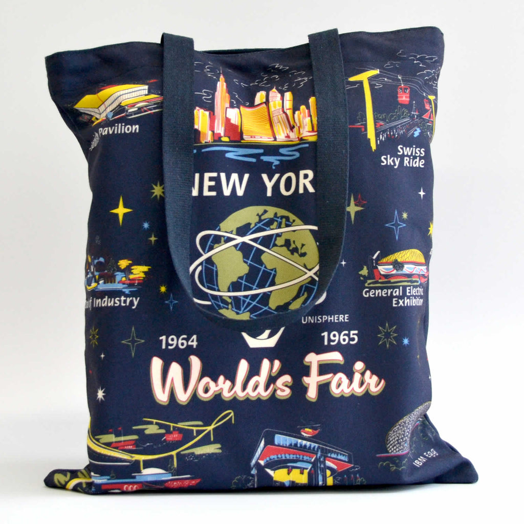 Blue tote bag with images of the world's fair buildings and the words "World's Fair"