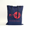 Dark blue tote bag with a large nysci logo on the front