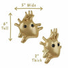Gold colored plush heart toy with eyes showing measurements of 5 inches x 6 inches  x 2m inches 