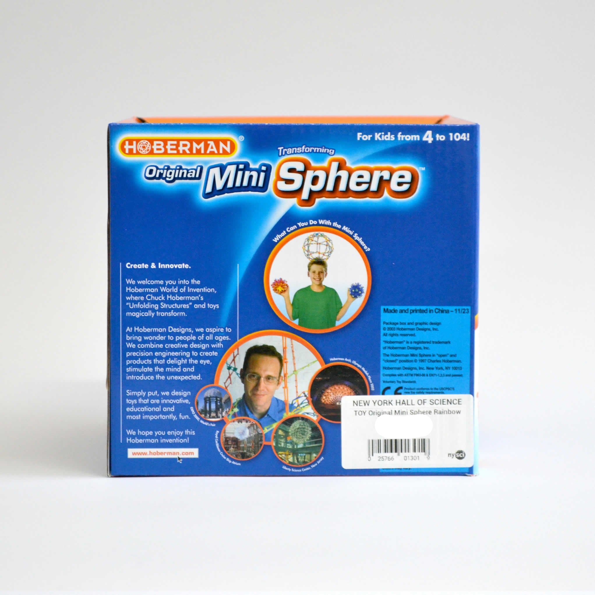 Back of box packaging for the colorful toy minisphere showing it has information on the box