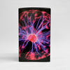 black cardboard box with a plasma ball on it, there's an orange center and light strands of purple and red.