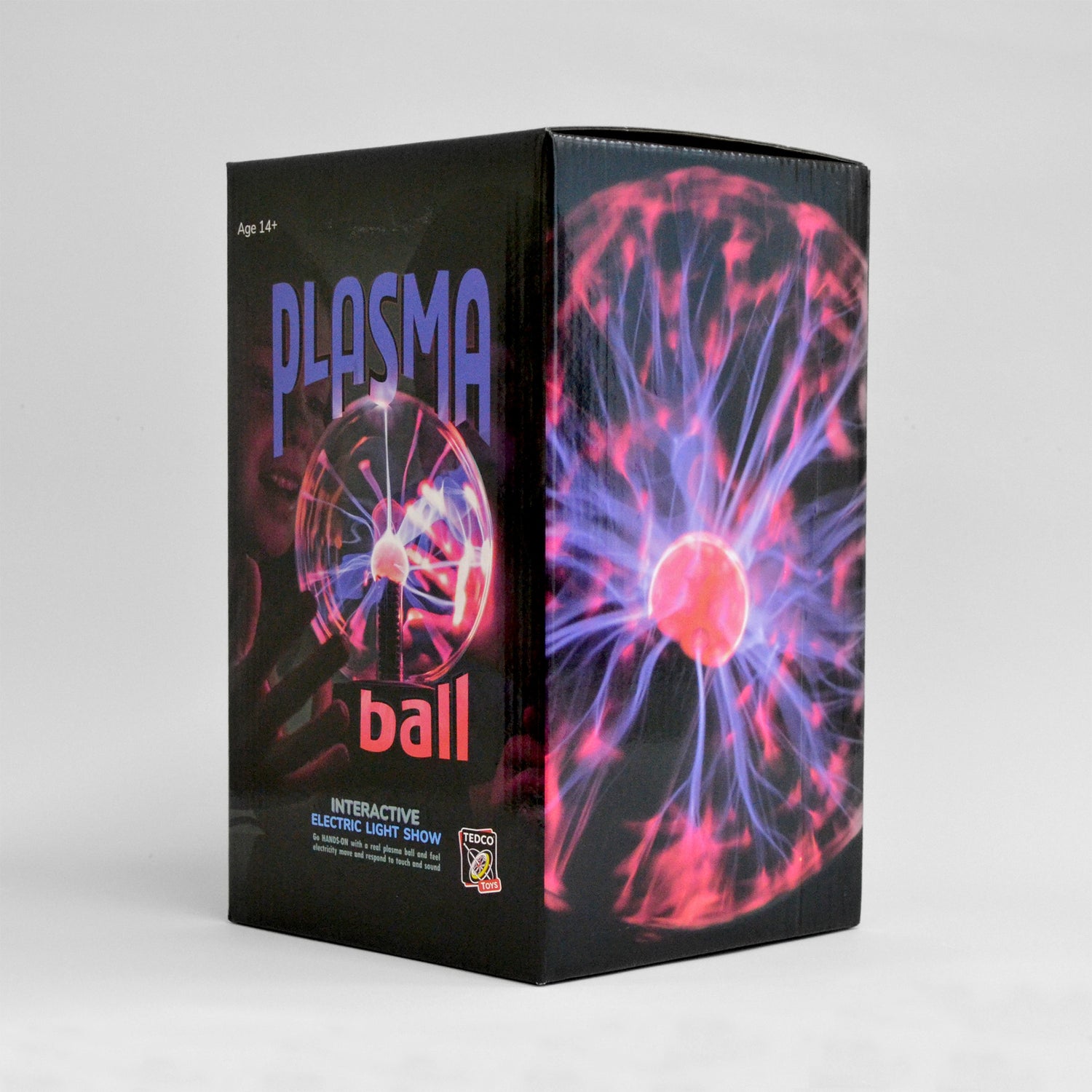 black box with the words plasma ball on it with a child holding their hands over a ball which is lighting up in various colors.