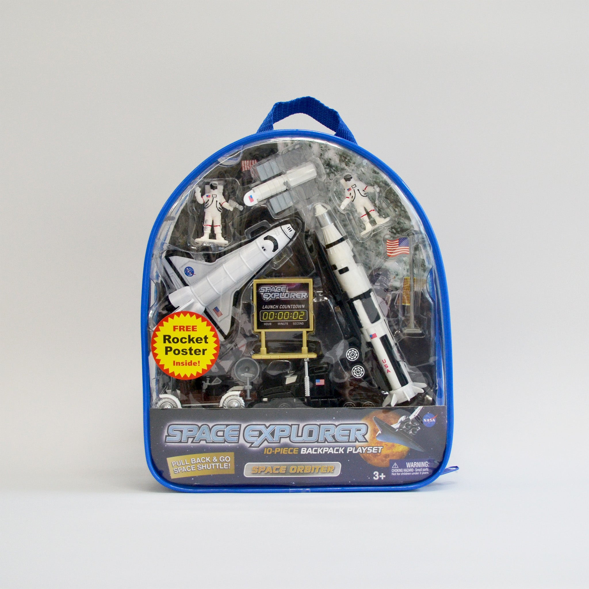 A clear backpack with blue outline is showing a space shuttle, two astronauts, a mini sign and flag. There is a sticker that says there is a free poster inside. Front facing