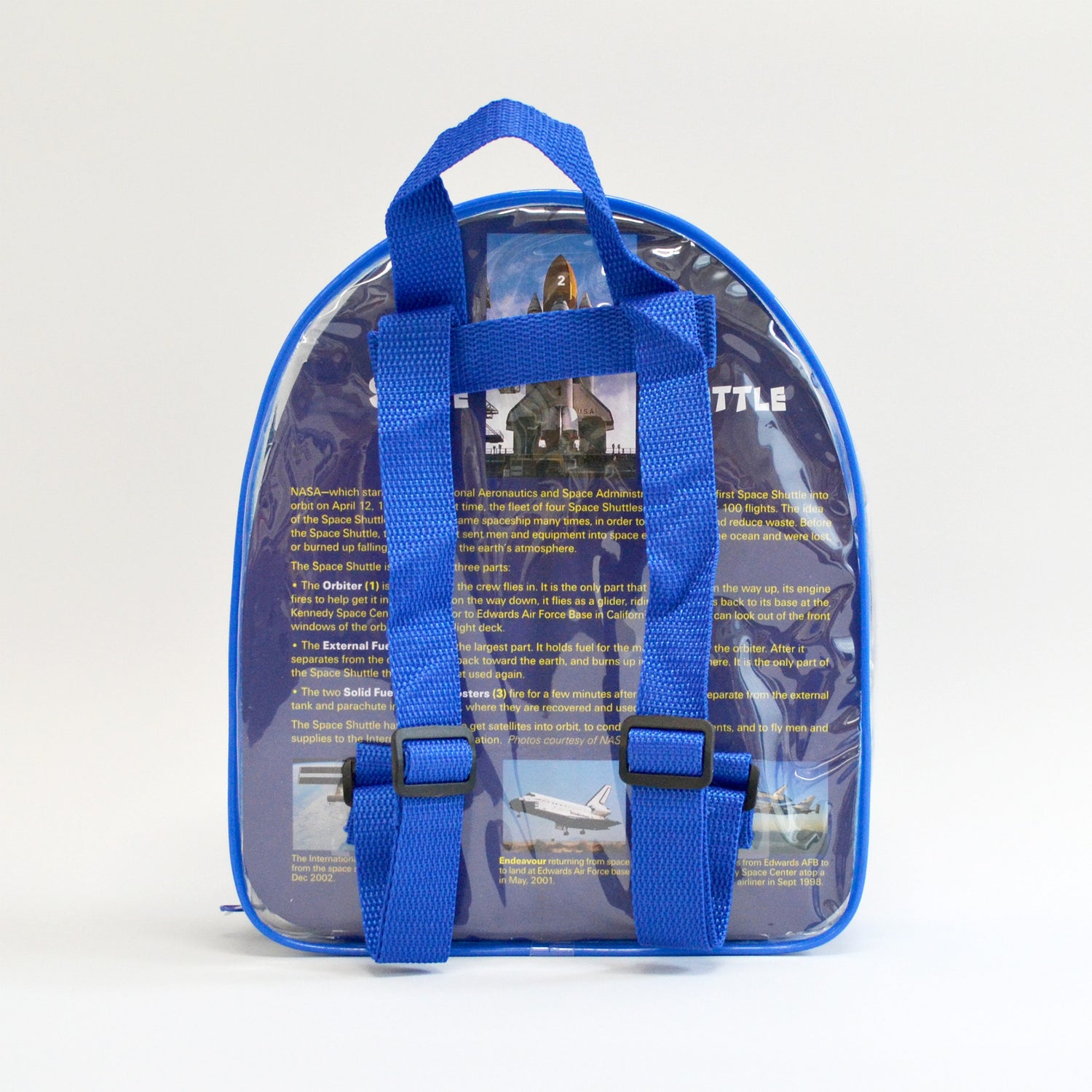 The back of the clear backpack with two blue straps attached