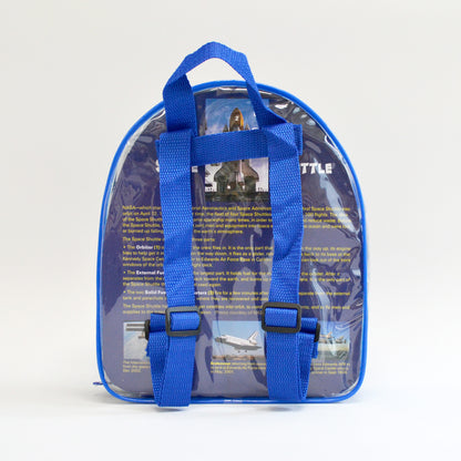 The back of the clear backpack with two blue straps attached