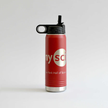 Side view of red water bottle with the silver logo of nysci