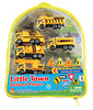 Yellow backpack with a clear front displaying 5 different toy construction vehicles with toy accessories.