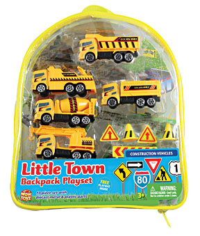 Yellow backpack with a clear front displaying 5 different toy construction vehicles with toy accessories.